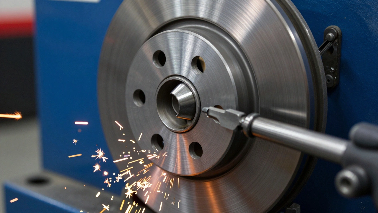 A brake rotor being precision-shaved on a professional brake lathe with metal shavings