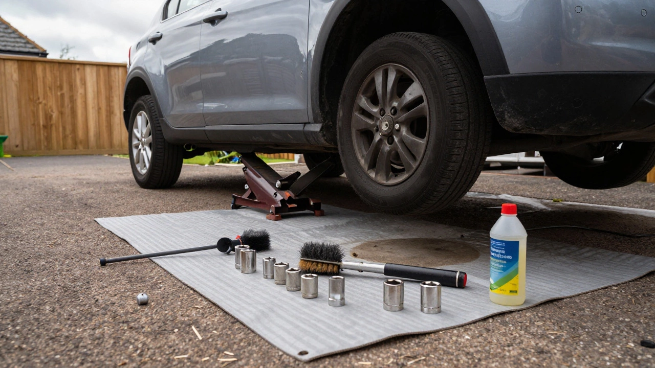 A car raised on jack stands in a driveway with DIY tools spread out on the ground