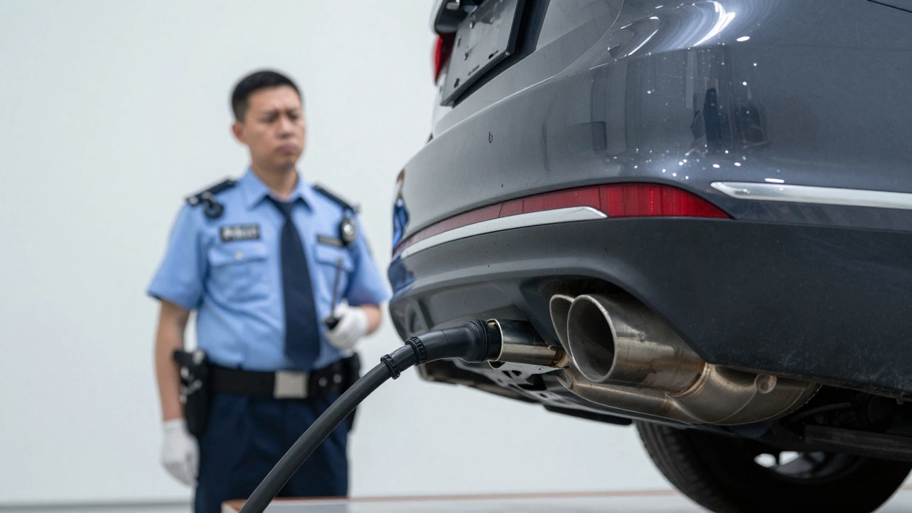 A vehicle undergoing an emissions test with a probe in the exhaust pipe.
