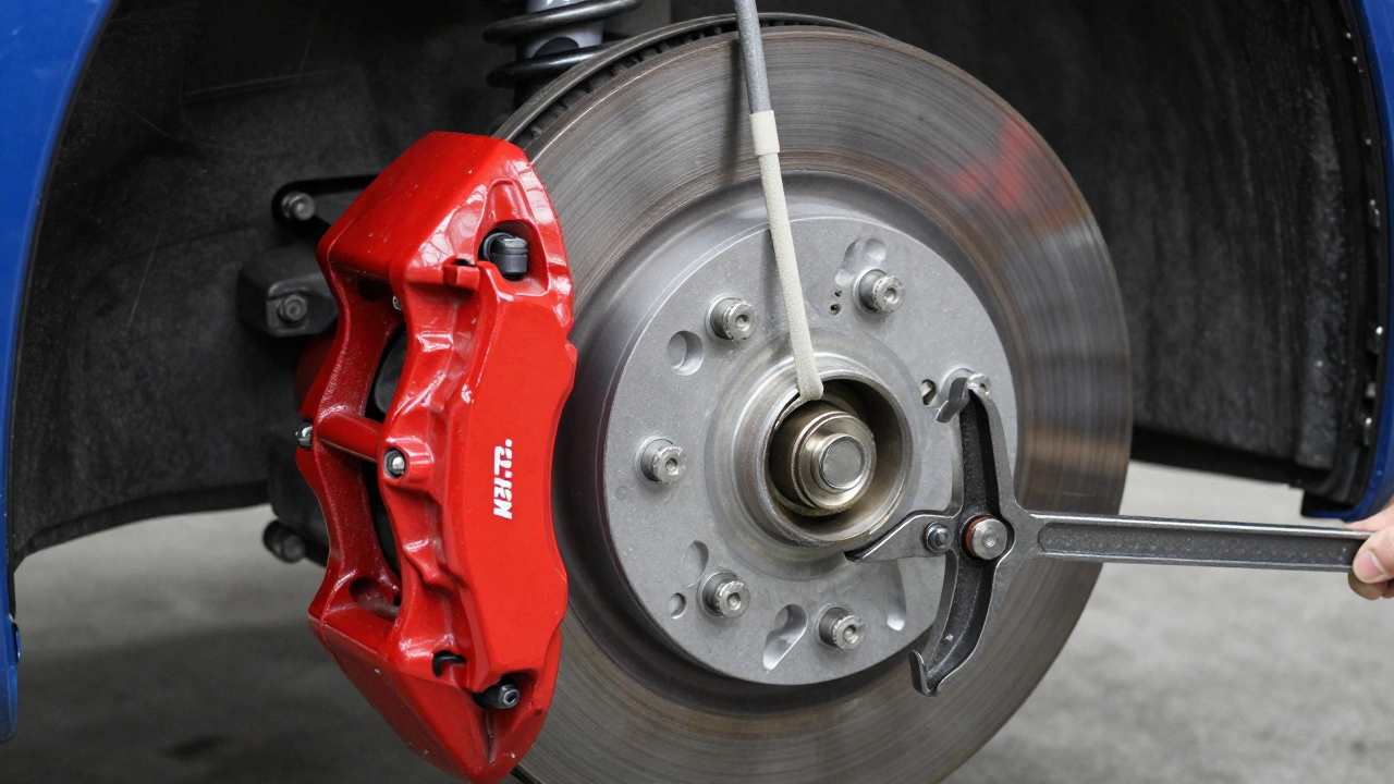 C-clamp compressing a brake caliper piston with the caliper secured by a bungee cord