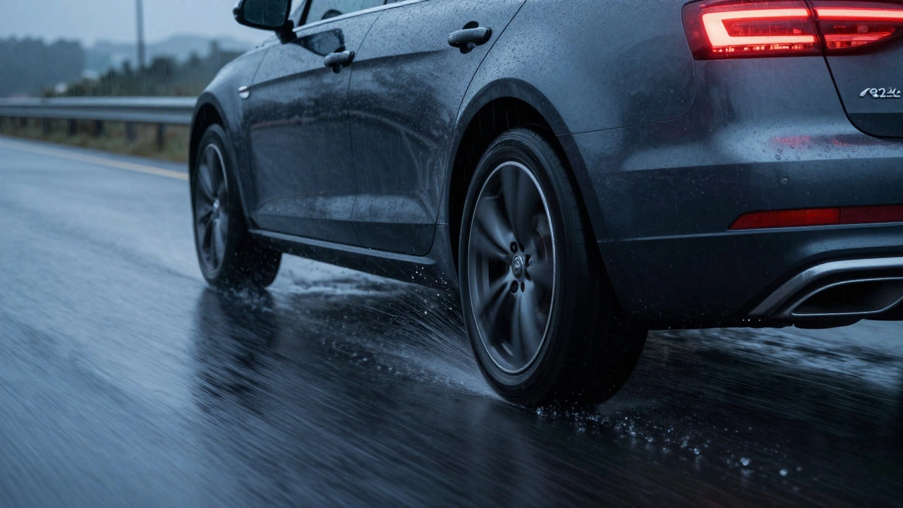 Car tires with deep tread gripping a wet road during a rainstorm