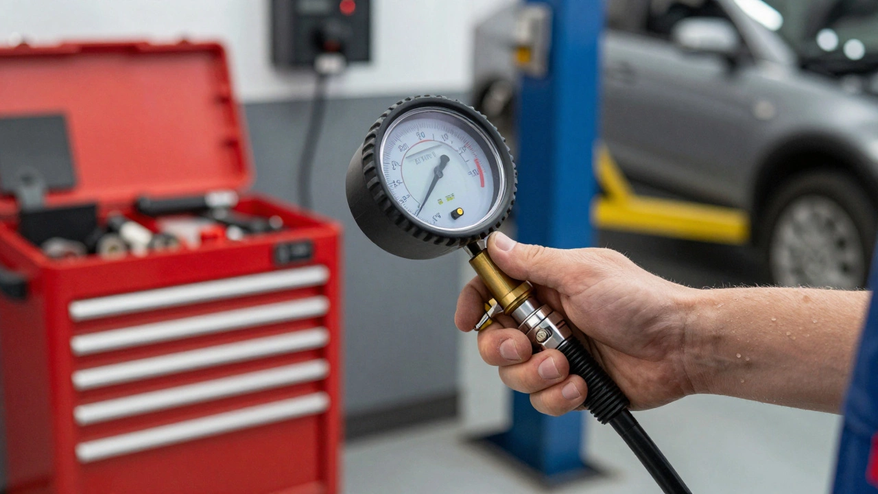 Close-up of a mechanic checking fuel pressure with a gauge on a car engine.
