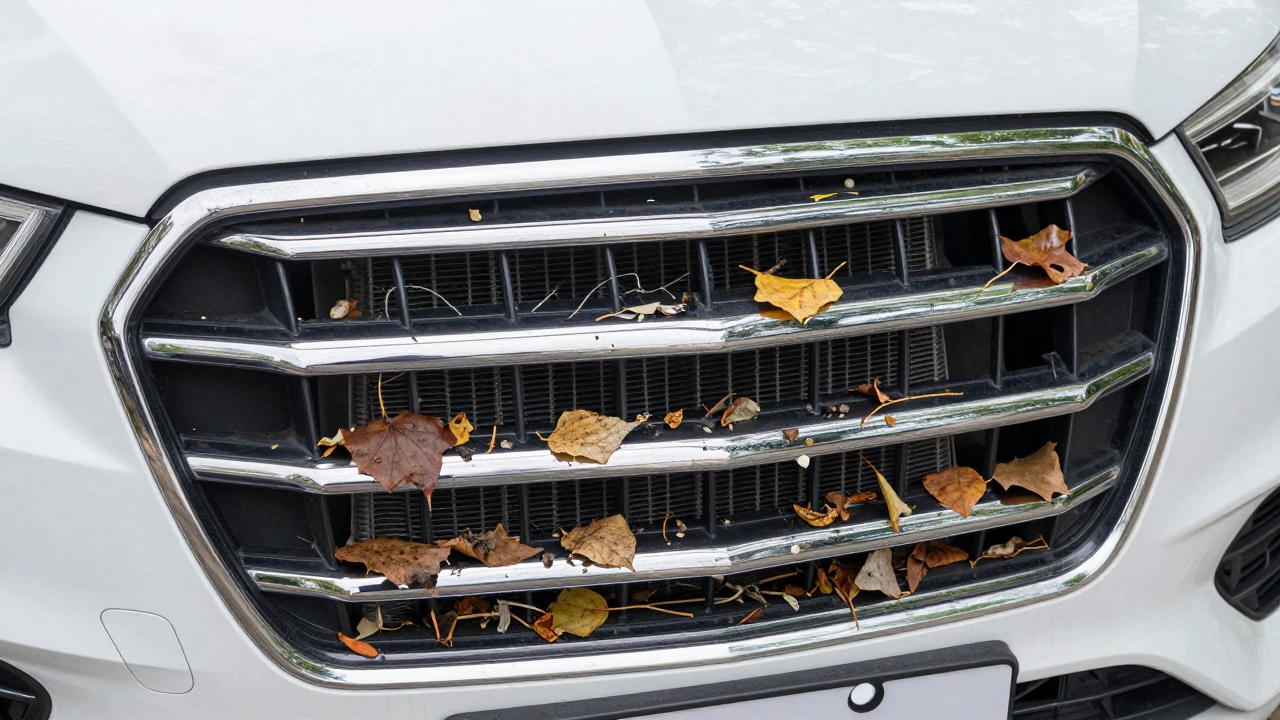 Close-up of radiator fins blocked by autumn leaves and road debris