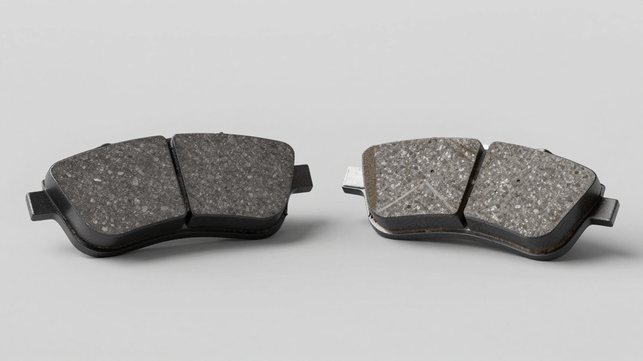 Comparison of a new thick brake pad and a dangerously worn thin brake pad
