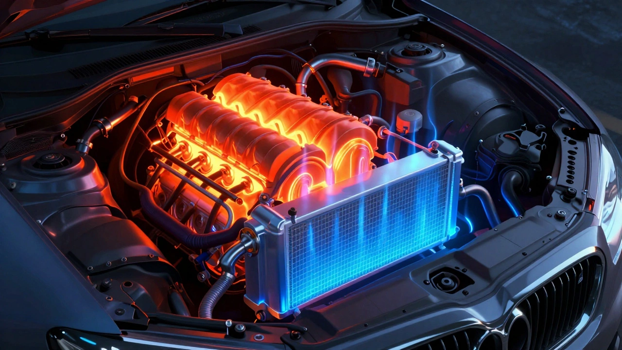 Conceptual illustration showing heat transfer from a glowing red engine to a blue AC system.