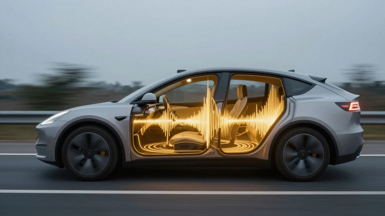 Conceptual visualization of vibrating sound waves inside a car to represent cabin drone.