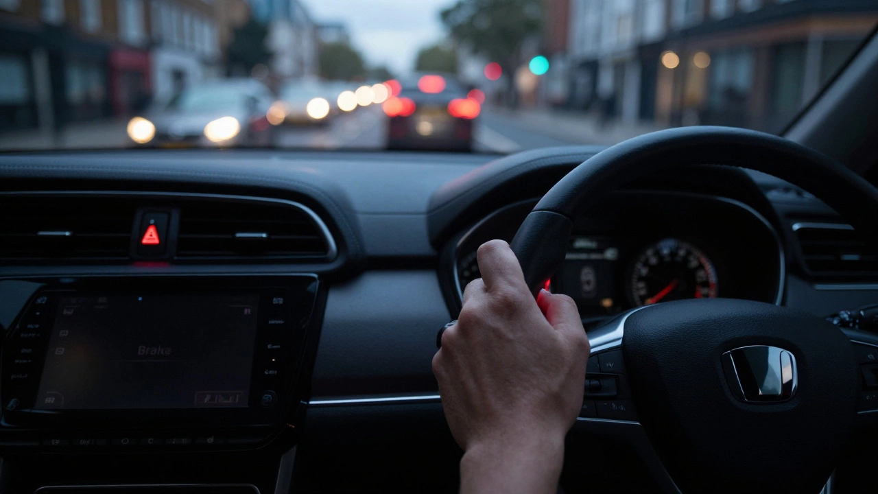 Driver's foot on a brake pedal with a red brake warning light illuminated on the car dashboard