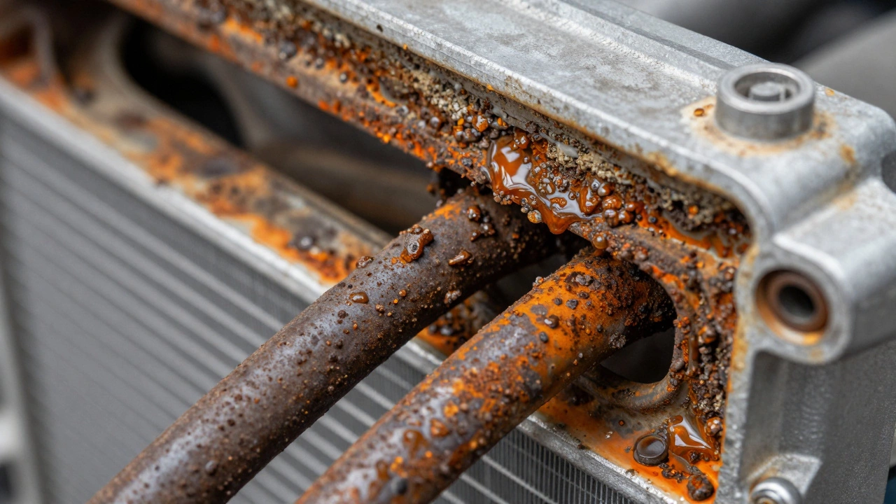 Macro view of rust and mineral scale clogging aluminum radiator tubes