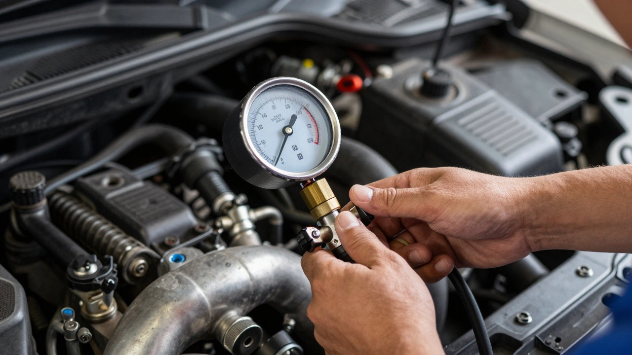Mechanic measuring low fuel pressure with a gauge on an engine