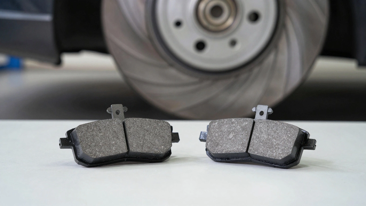 New ceramic brake pads on a workbench with a clean brake rotor in the background