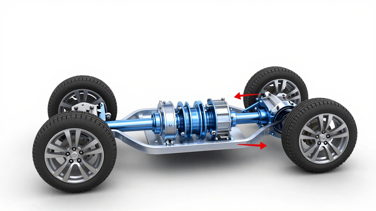 Technical diagram showing mechanical stress on an AWD car's center differential