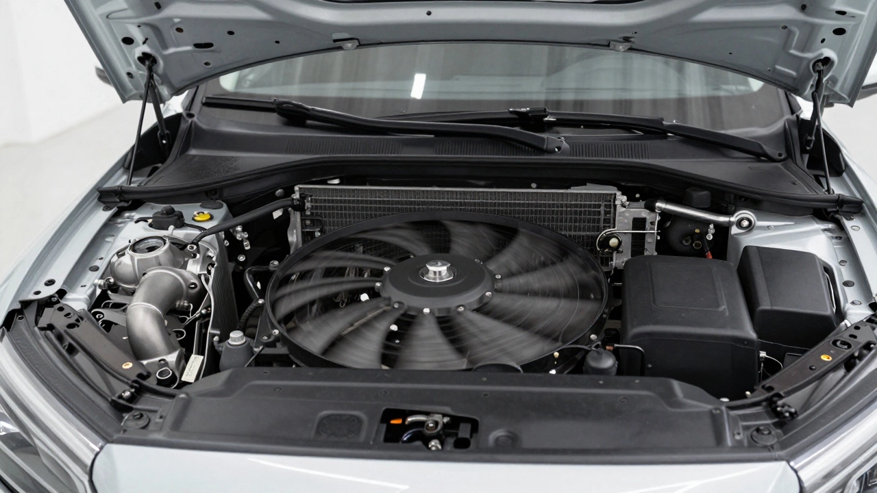 View of a spinning cooling fan behind a car radiator with the hood open in a garage.