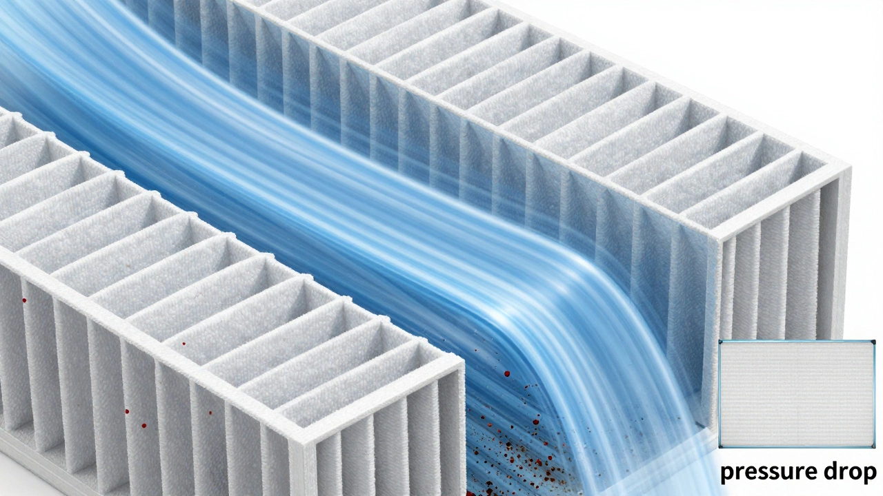 3D diagram showing air flowing through pleats while trapping dust particles in a car air filter.