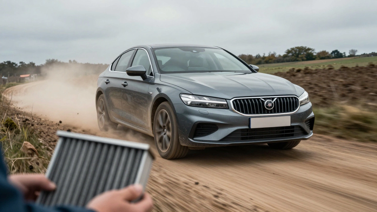 Car driving on a dusty road with a pleated air filter held in the foreground for context.