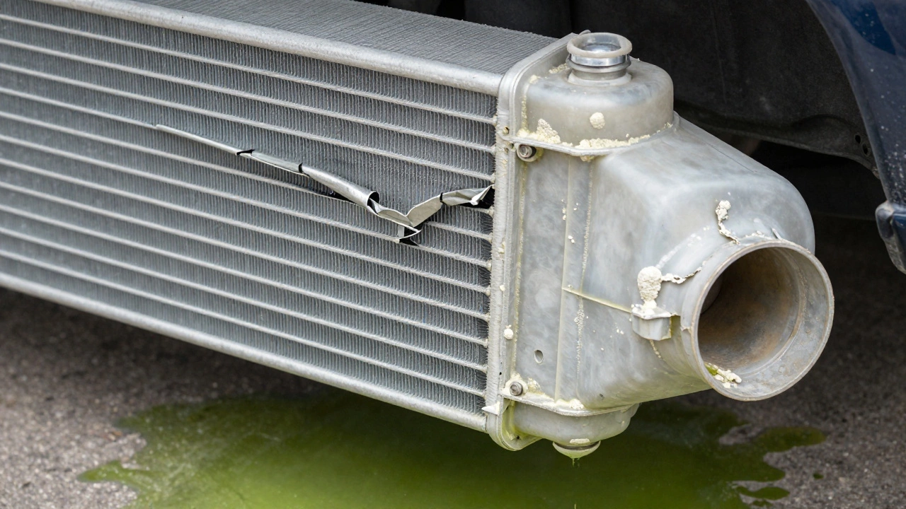 Close-up of damaged car radiator fins, cracks, and coolant leaks