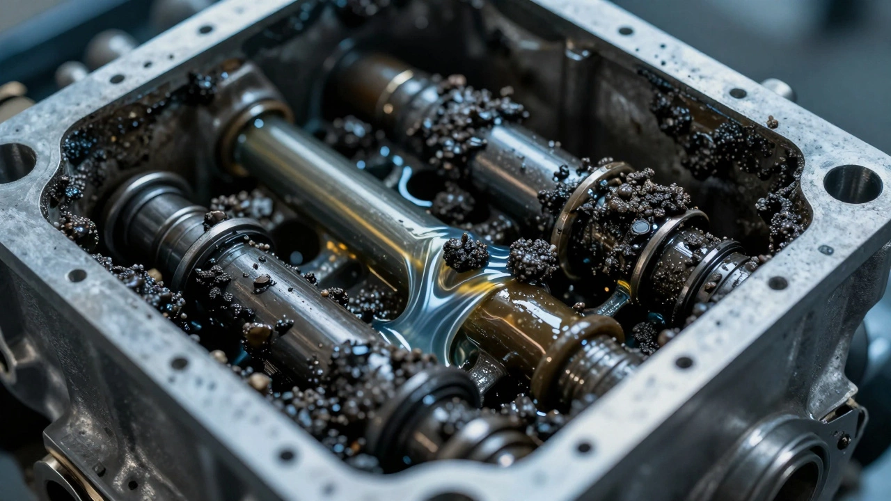 Close-up of engine sludge clogging oil passages with fresh oil