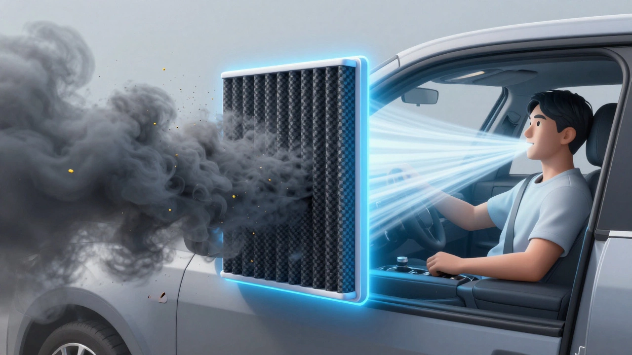 Cross-section of car cabin showing carbon filter blocking pollutants