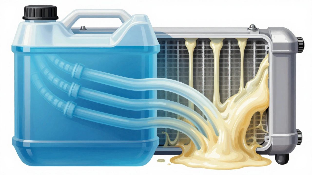 Cross-section showing clean vs clogged car radiator coolant flow