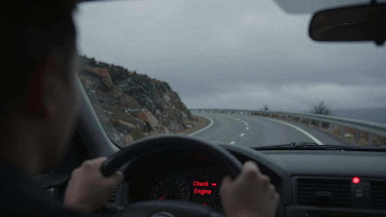 Driver's view of a check engine light glowing on a steep road