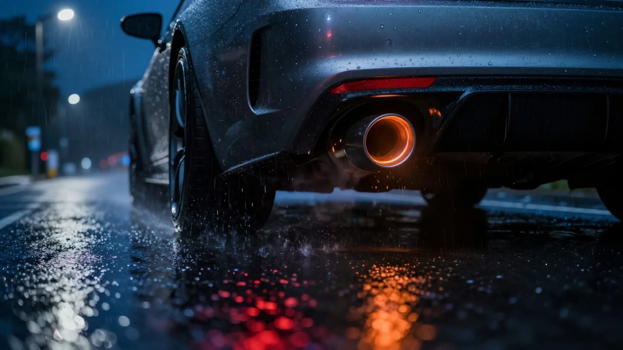 Low angle view of car exhaust pipe on wet road at night with rain
