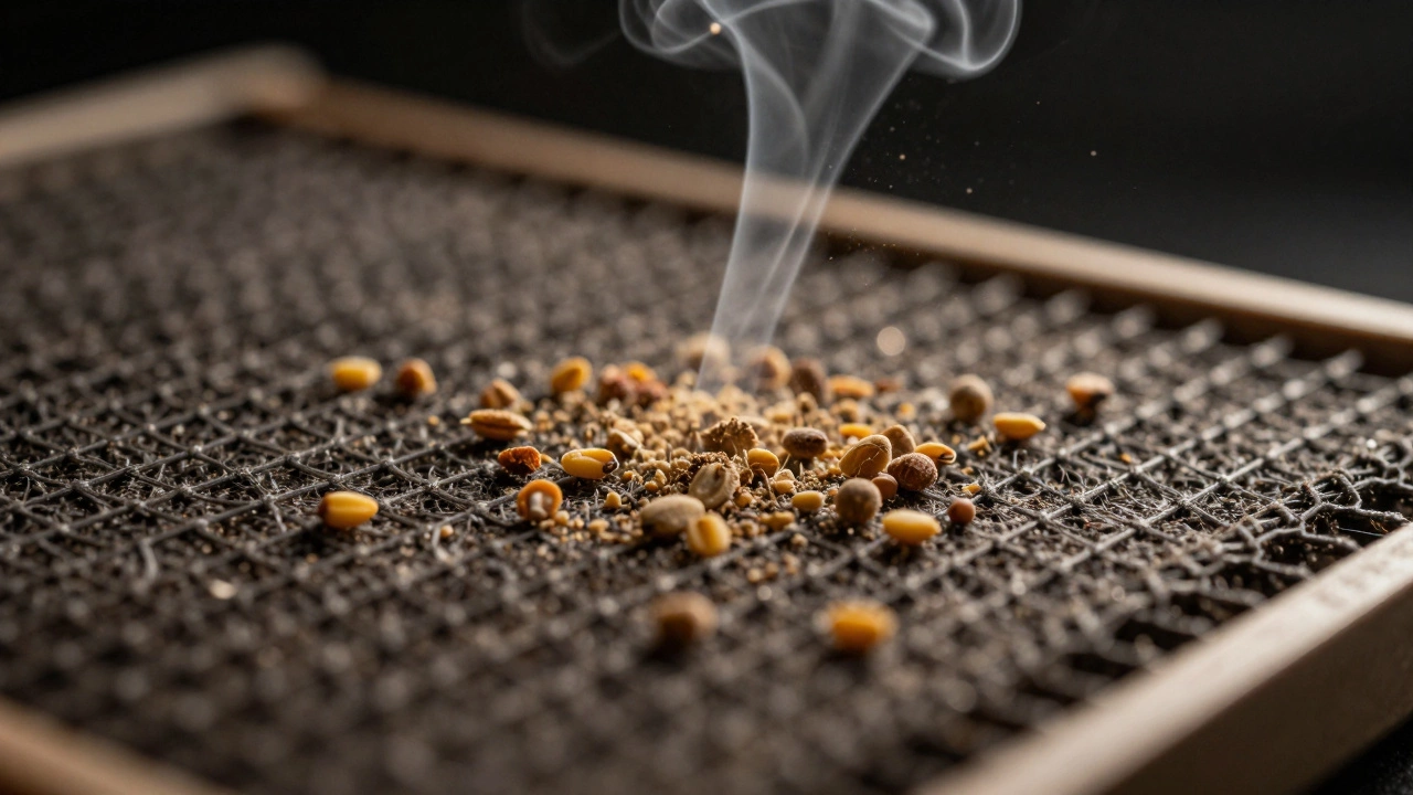 Macro view of dust particles trapped by an electrostatic air filter mesh