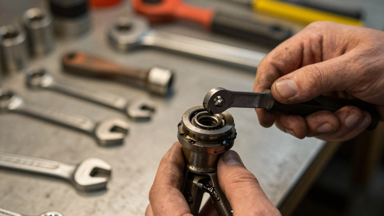 Mechanic inspecting a cracked control arm bushing with tools in a garage