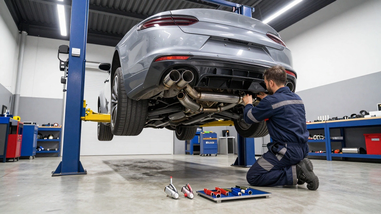 Mechanic installing exhaust system on car lift in garage