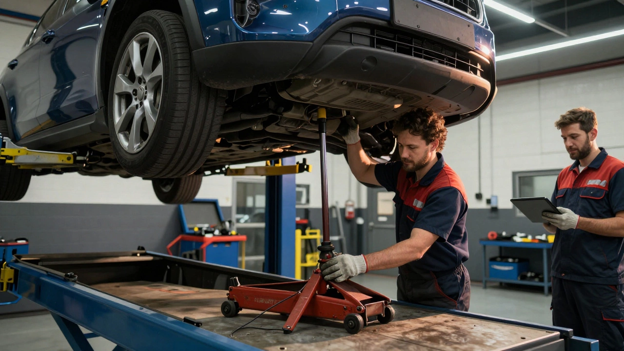 Mechanic lowering fuel tank in auto repair garage