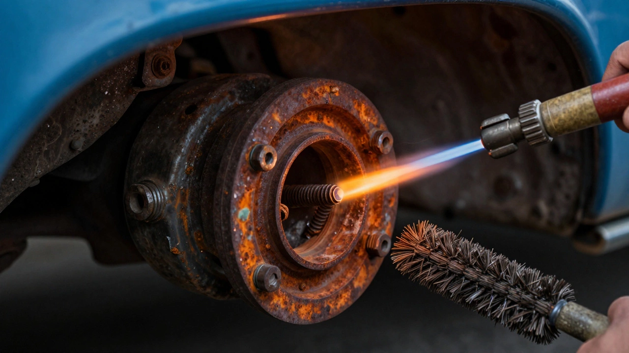 Propane torch heating rusty exhaust bolt for removal