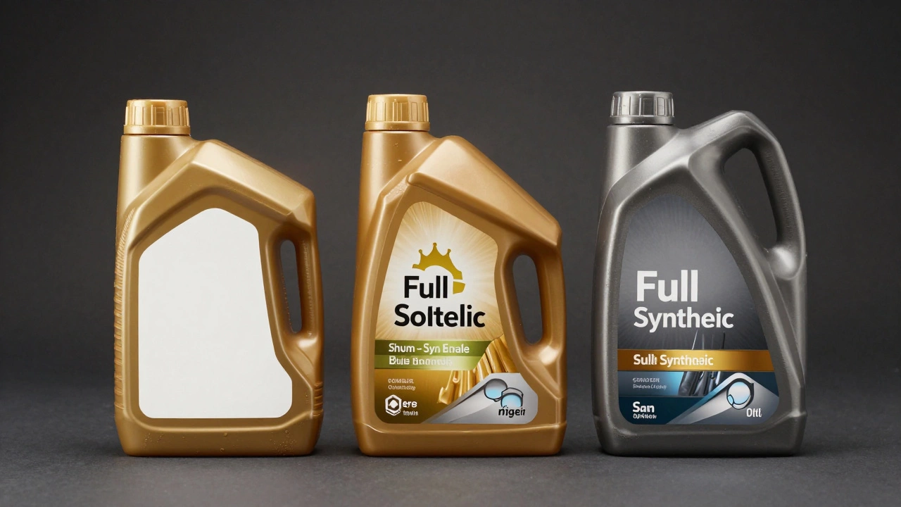 Three engine oil bottles showing conventional, blend, and synthetic types