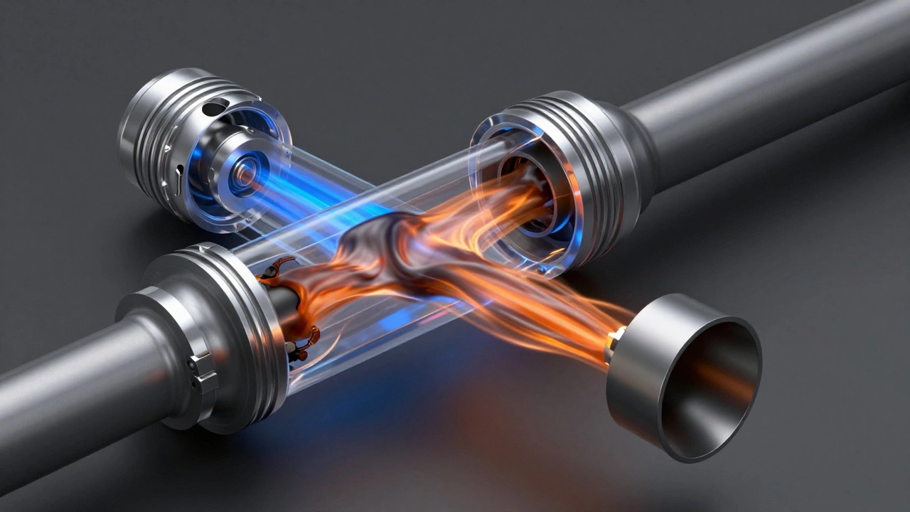 Transparent engine cylinder showing rapid exhaust gas flow without restriction