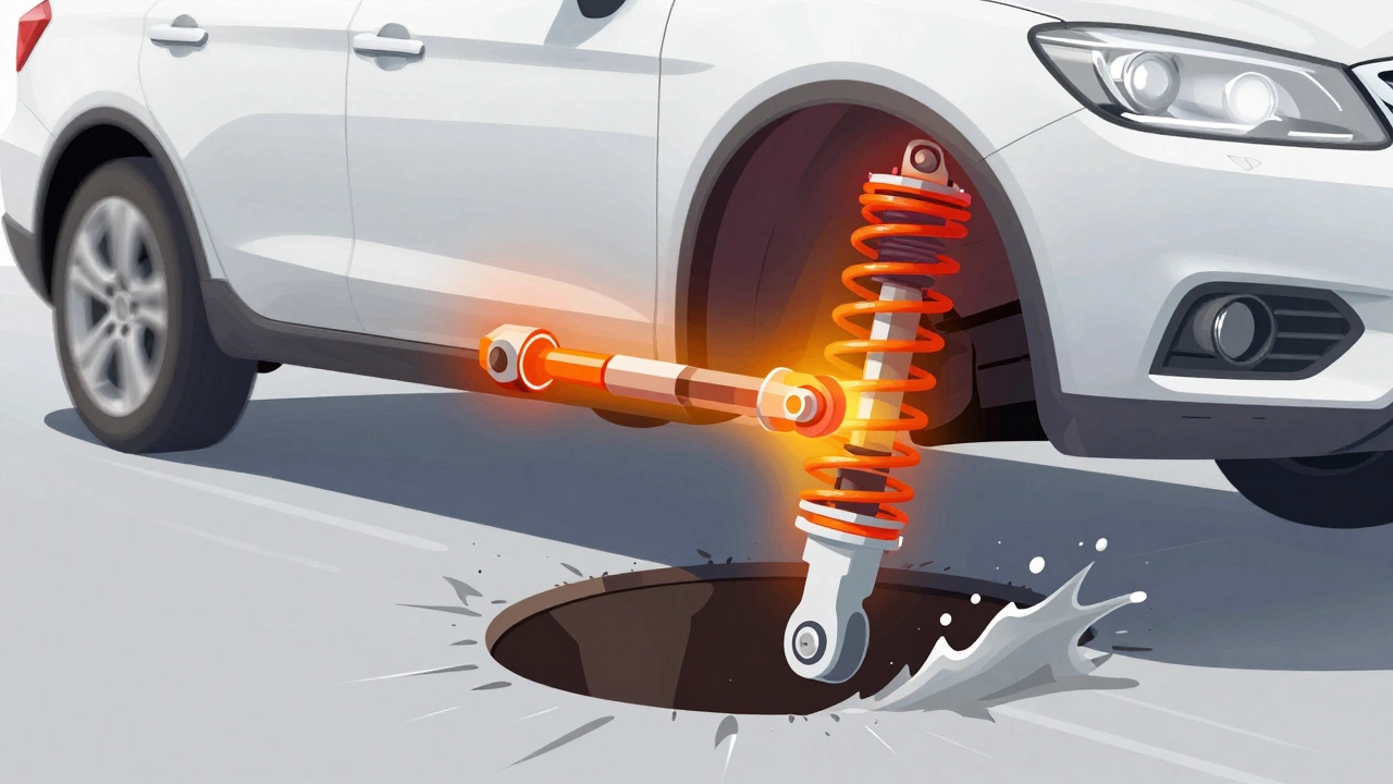 X-ray style graphic showing stressed suspension parts hitting a pothole