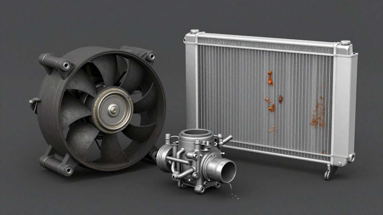 Car cooling system parts showing fan, pump, and debris buildup