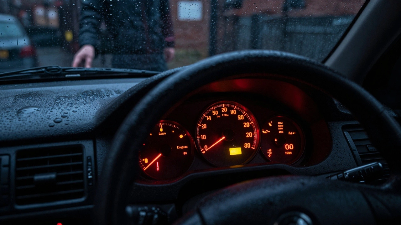 Car dashboard with glowing oil pressure warning lights