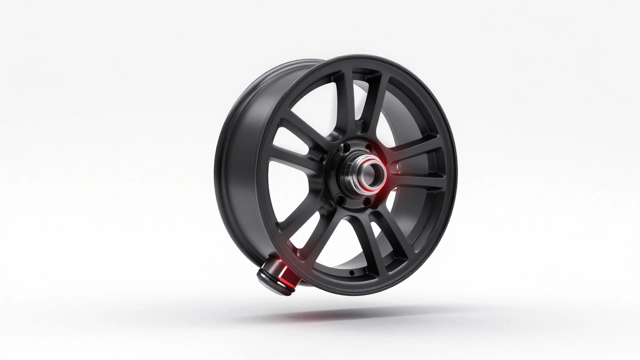 Car wheel assembly highlighting stressed ball joint