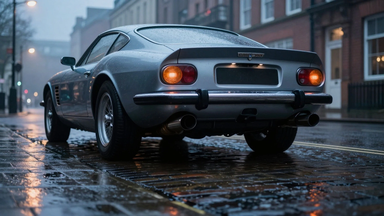 Classic British car with shiny exhaust tips on a wet Manchester street at dusk