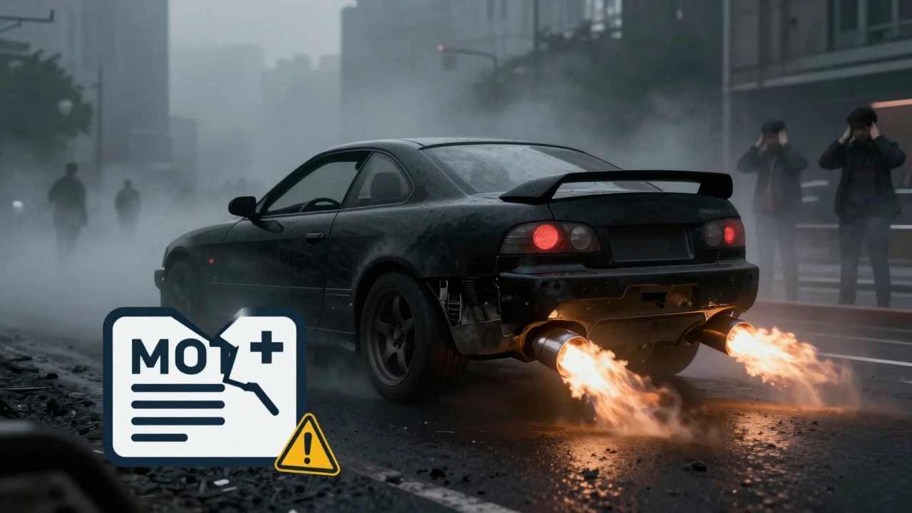 Conceptual art of polluting car facing legal fines and neighbor complaints