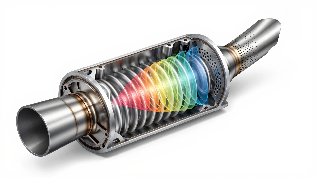 Cross-section diagram showing how muffler baffles cancel sound waves internally
