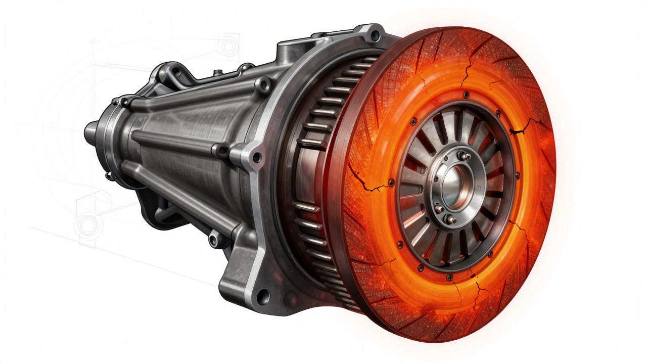 Cutaway diagram showing overheating and cracking clutch components