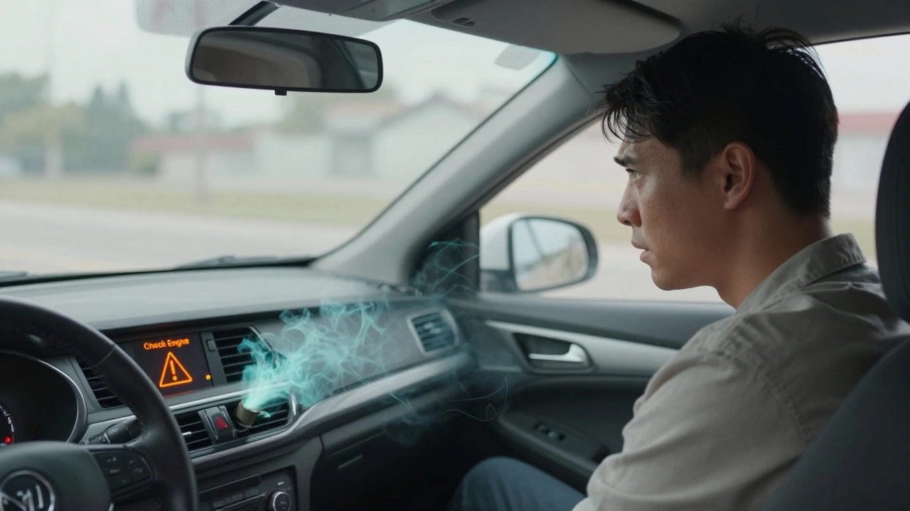 Driver noticing check engine light and exhaust fume leak warning