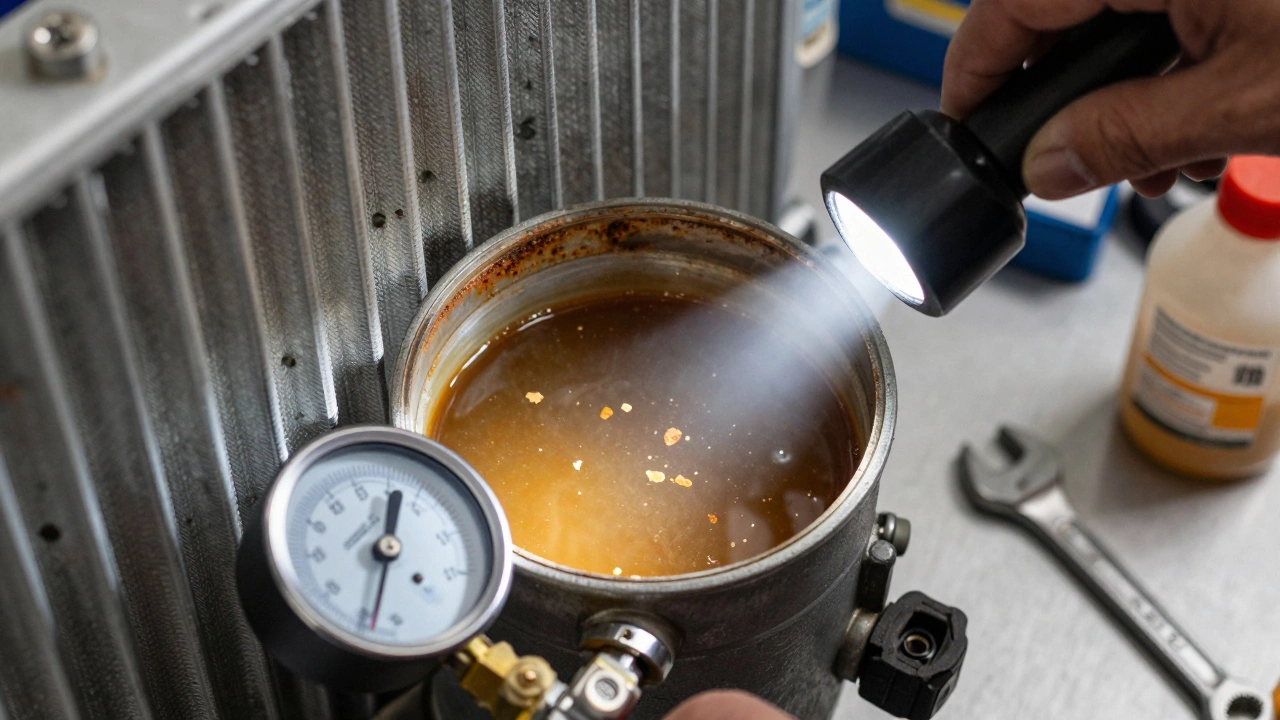 Flashlight inspecting rusty coolant in radiator with pressure gauge