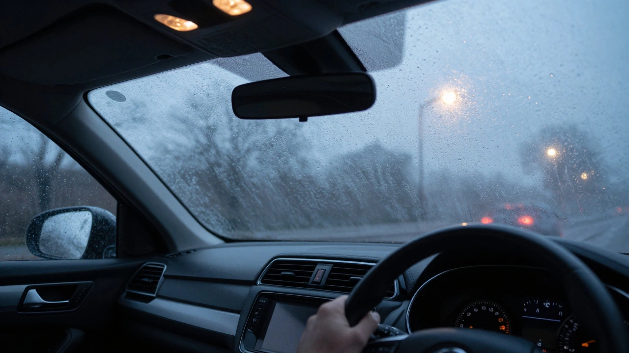 Foggy car windshield and dashboard indicating poor cabin airflow