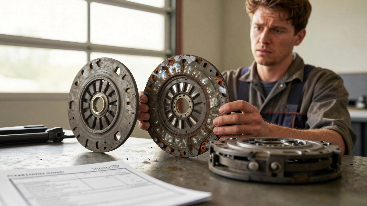 Mechanic comparing damaged glazed clutch disc to new replacement