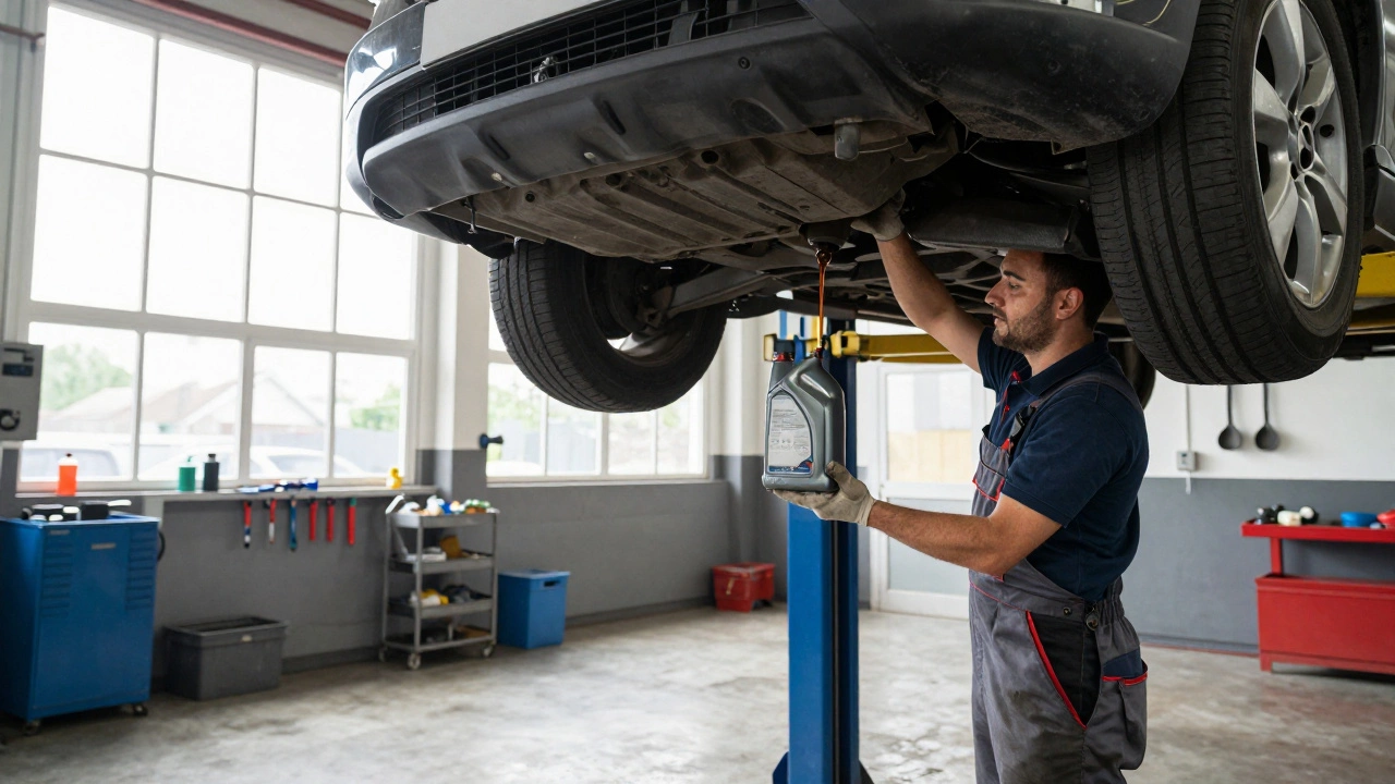 Mechanic draining old oil and replacing filter during service