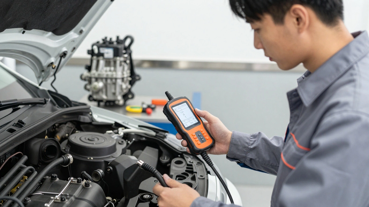 Mechanic using OBD scanner to diagnose fuel system issues