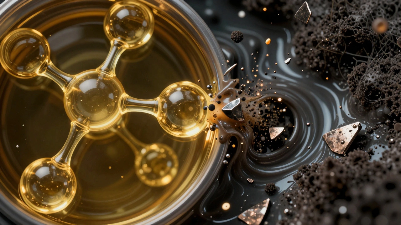 Microscopic view of clean oil mixing with contaminated sludge and debris