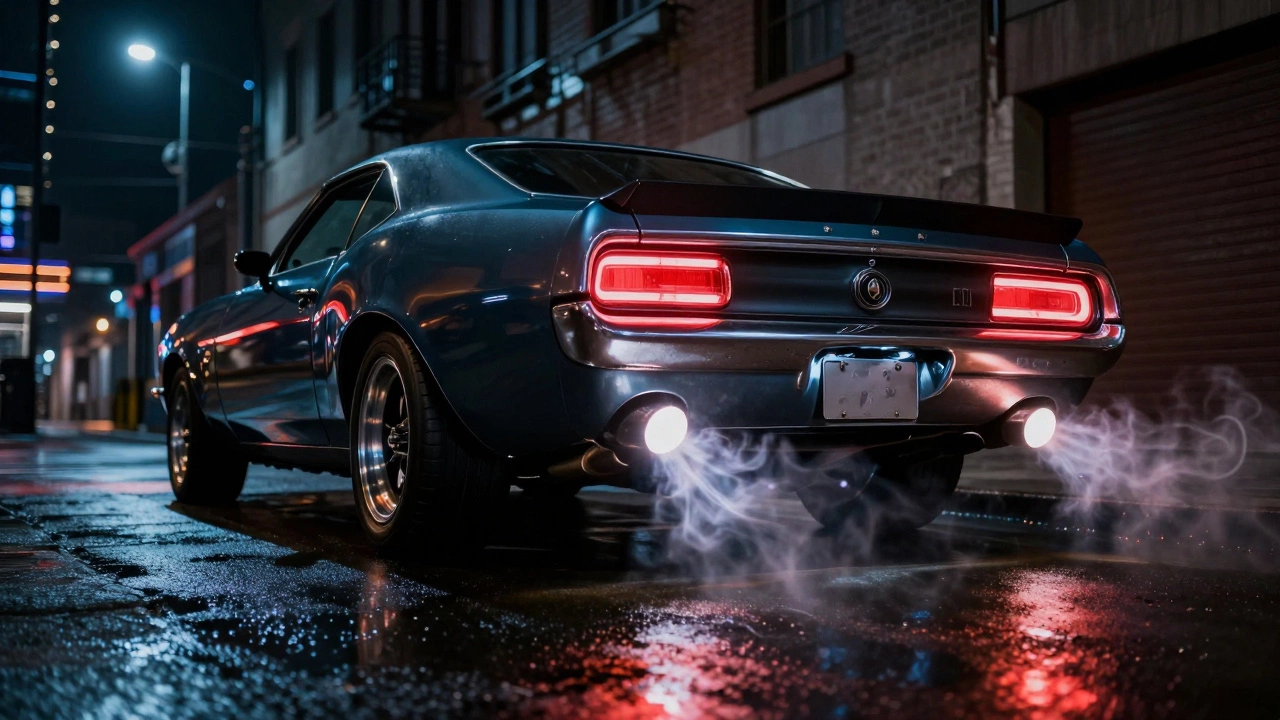 Muscle car with aggressive exhaust system in a moody urban night setting