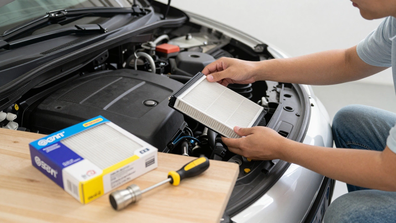Person replacing a cabin air filter behind a car glovebox