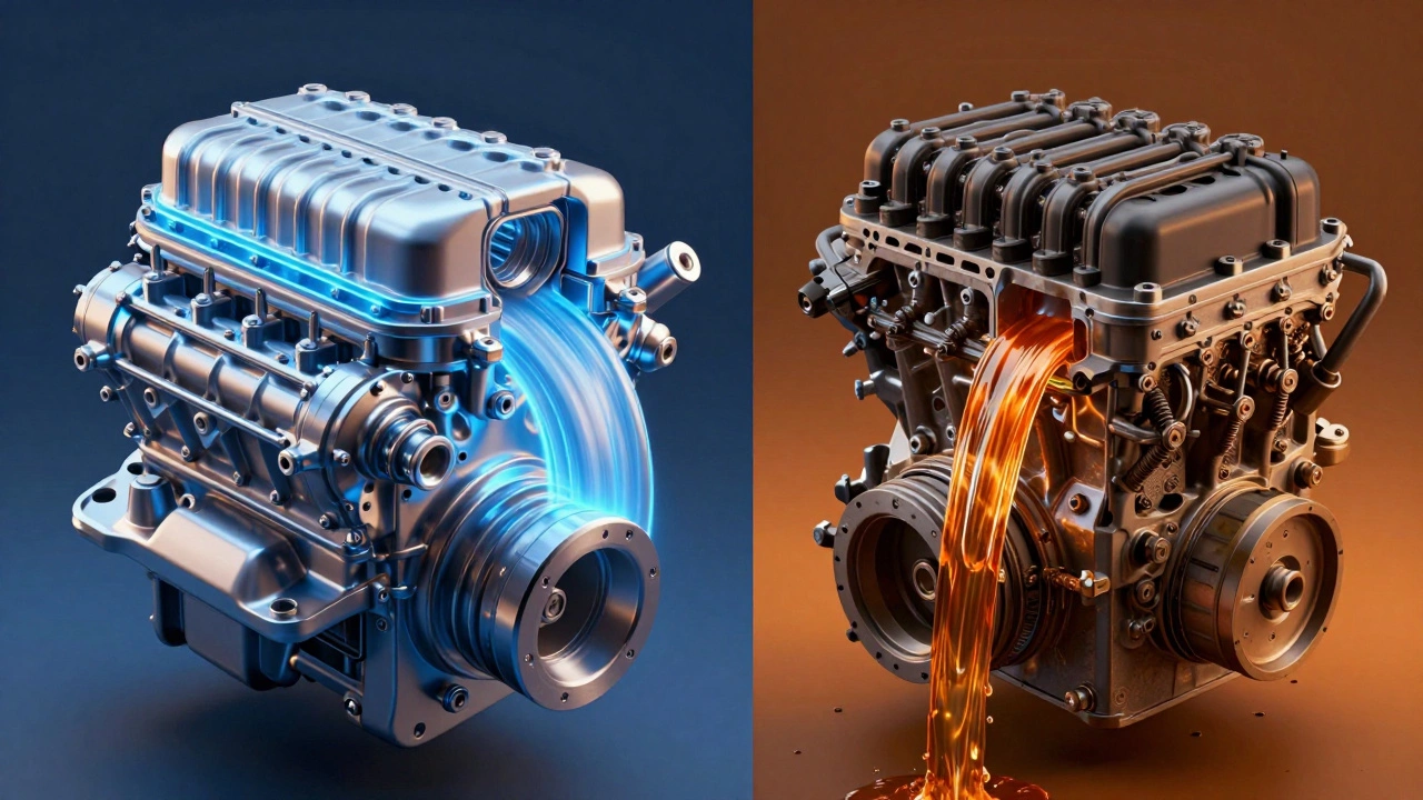 Split view of synthetic vs mineral oil effects in engines