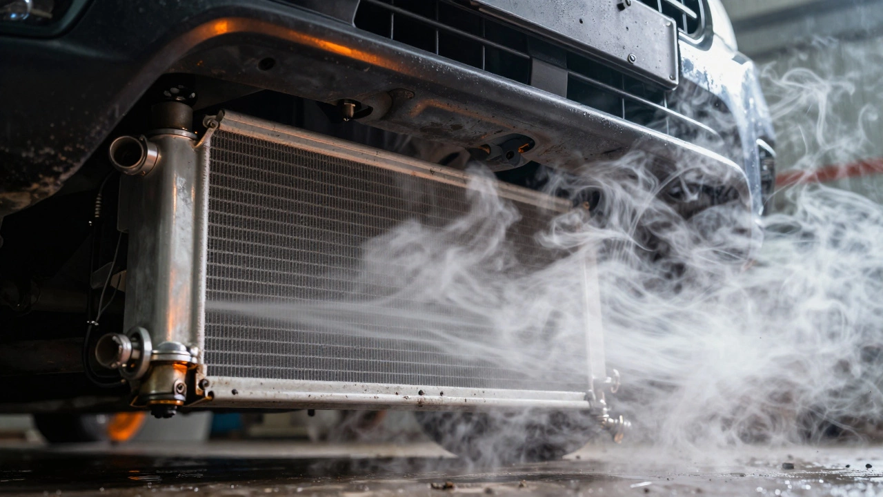 Steam hissing from a leaking car radiator under the front grille